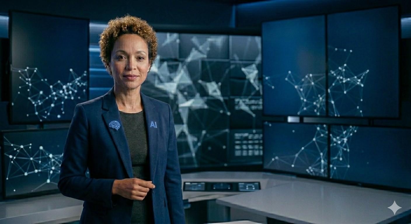 AI spokesperson presenting a digital marketing video campaign on a virtual screen with analytics and social media elements
